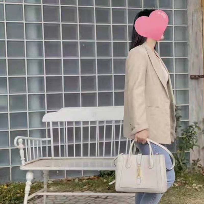 Gucci GG Unisex Jackie 1961 Medium Tote Bag White Leather Gold Toned Hardware