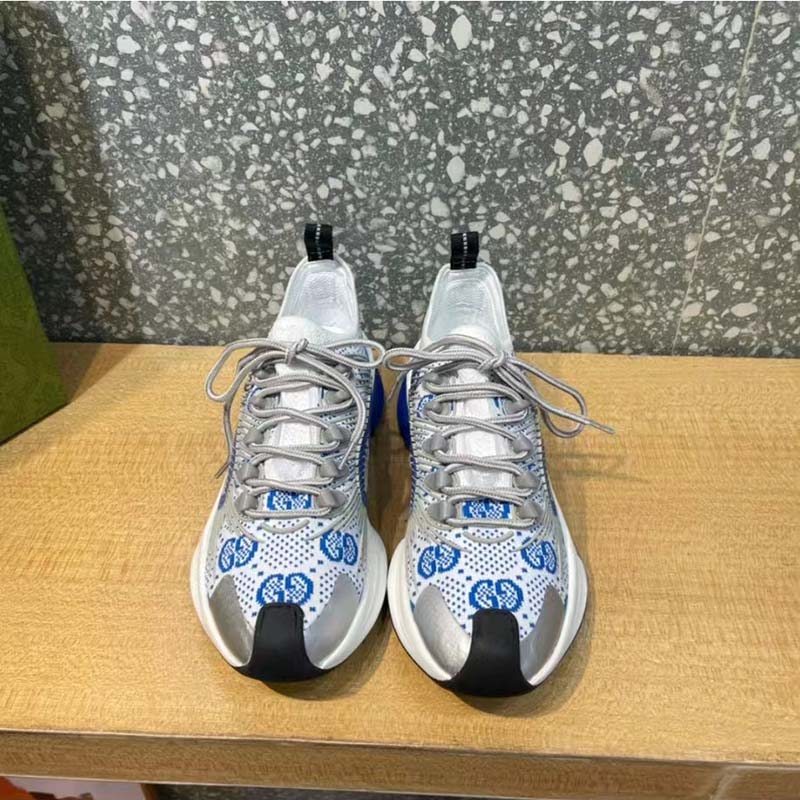 Gucci Unisex Run Sneaker White Blue GG Technical Knit Fabric Interlocking G Rubber