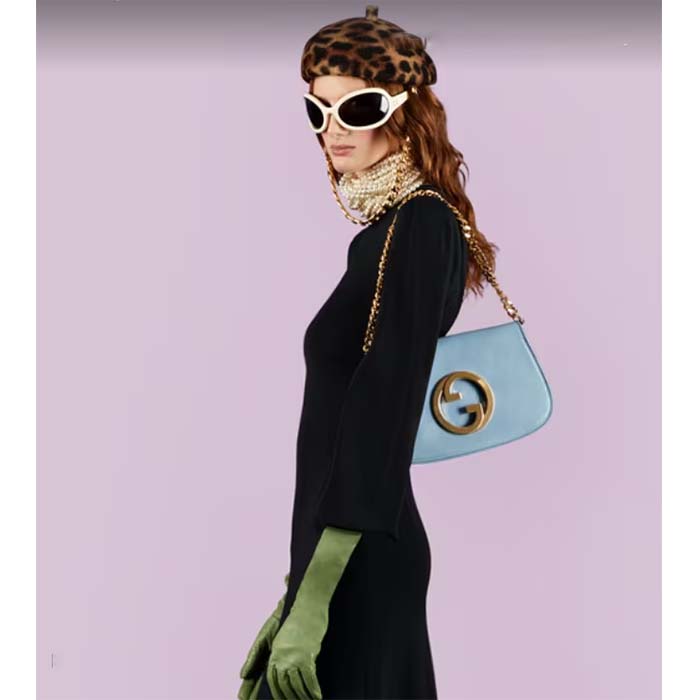 Gucci Women GG Blondie Shoulder Bag Blue Leather Round Interlocking G