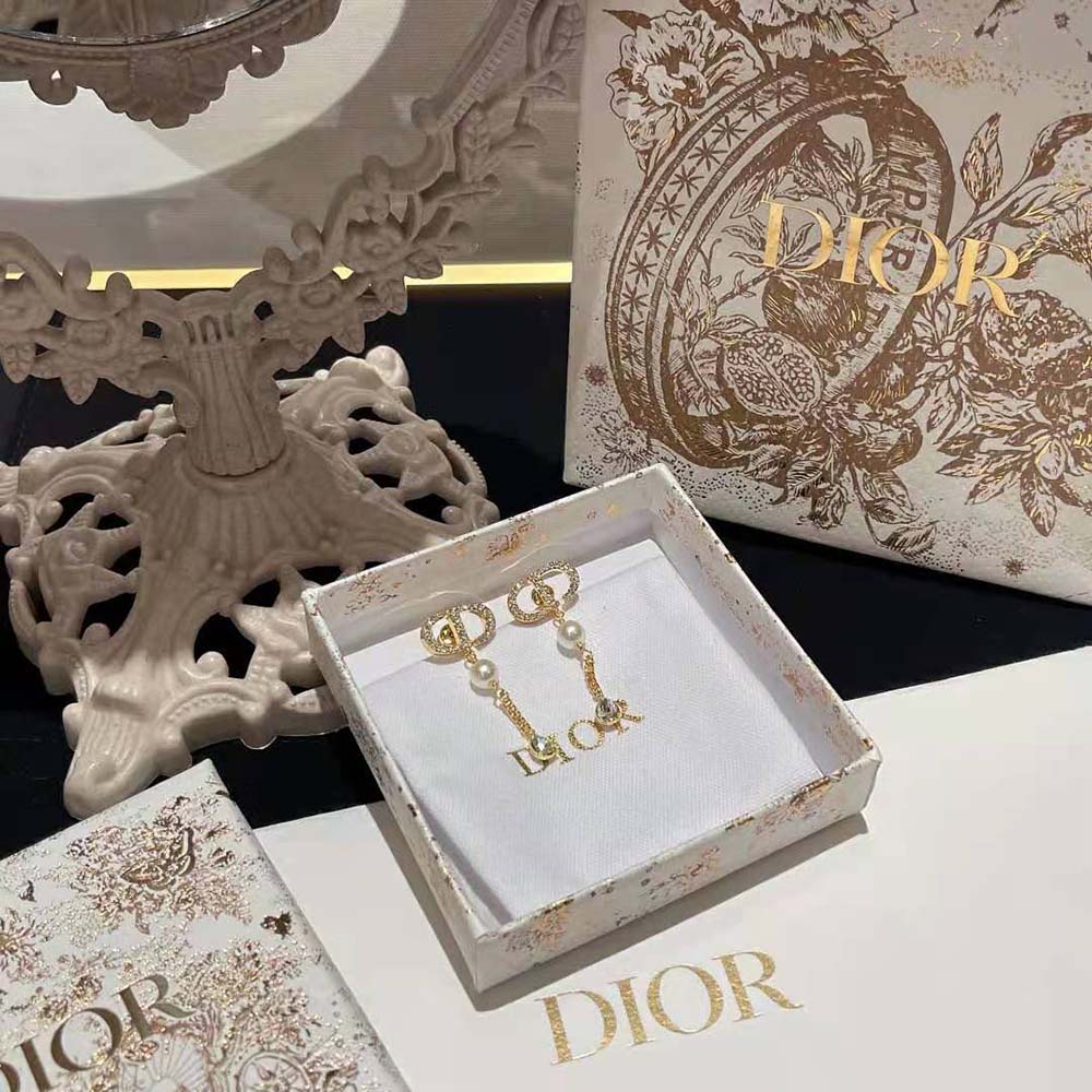 Dior Women Petit CD Earrings Gold-Finish Metal with White Resin Pearls