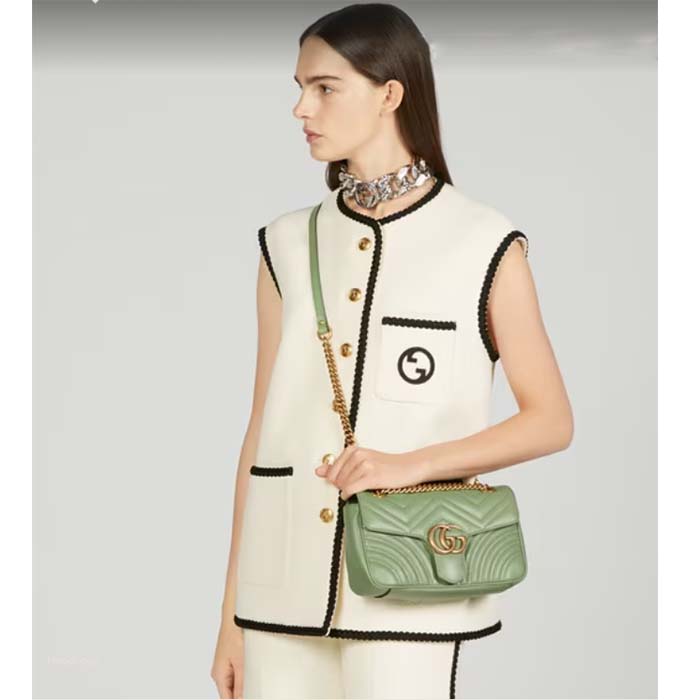 Gucci Women GG Marmont Small Shoulder Bag Sage Green Matelassé Chevron Heart
