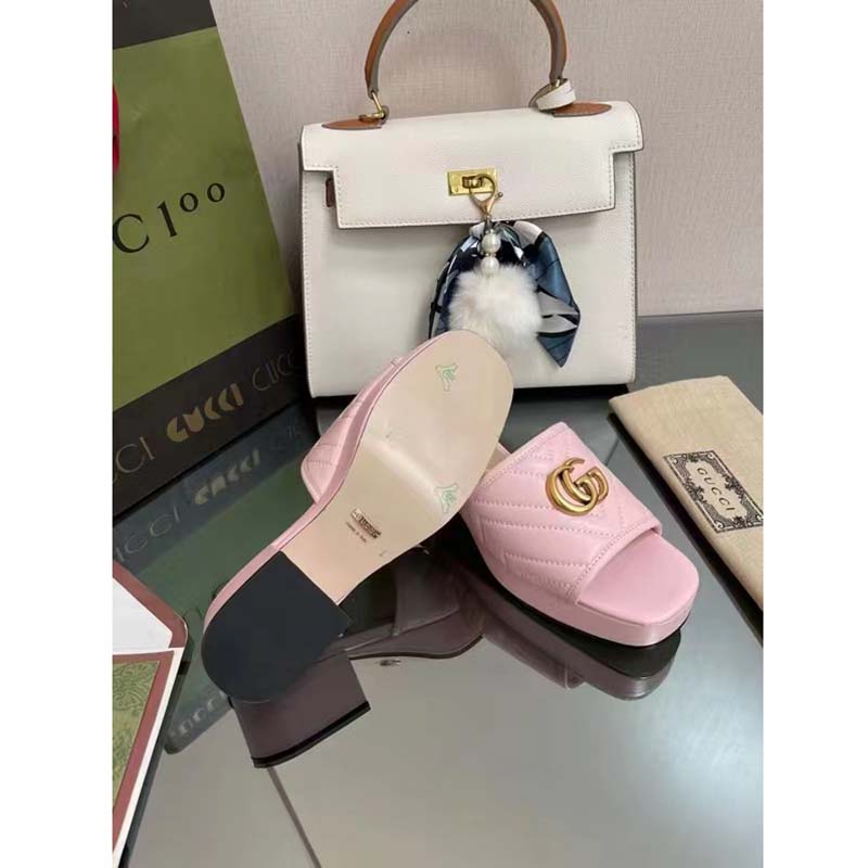 Gucci Women Double G Slide Sandal Rose Pink Chevron Matelassé Leather Mid-Heel