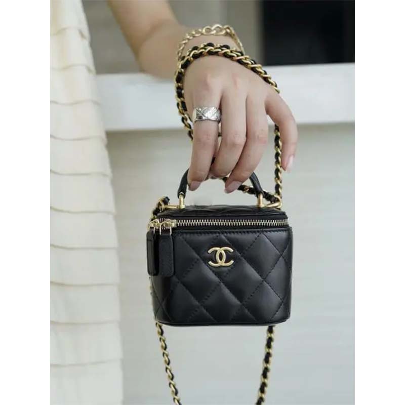 Chanel Women CC Mini Box Bag Black Calfskin Leather Gold-Tone Metal