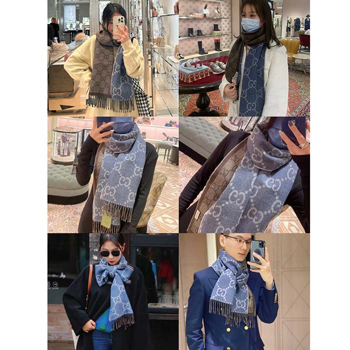 Gucci Unisex Original GG Jacquard Knit Scarf Tassels Navy Light Brown Organic Wool