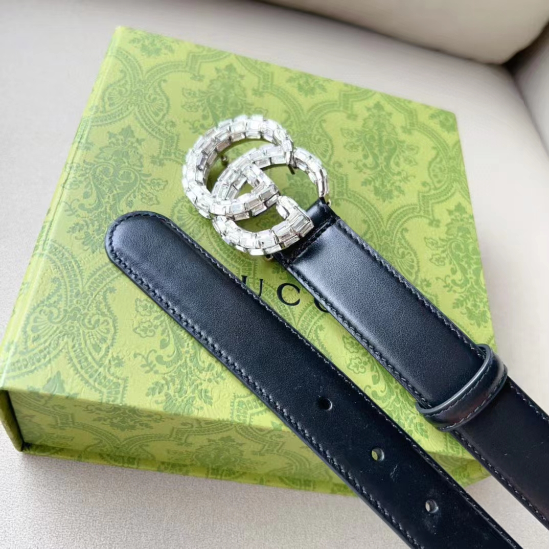 Gucci Unisex GG Marmont Thin Belt Crystals Black Leather Double G Buckle 3 CM Width