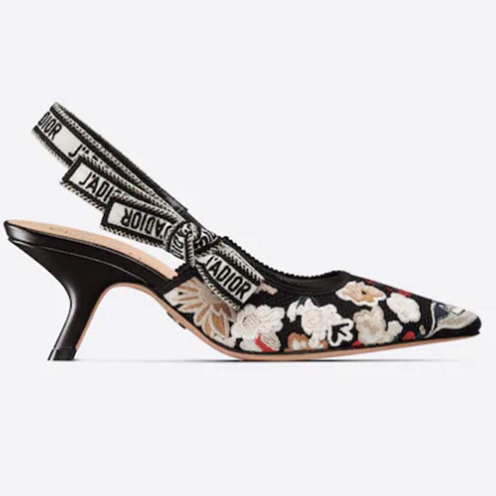 Dior Women CD J’Adior Slingback Pump Black Multicolor Embroidered Cotton Toile De Jouy Pop