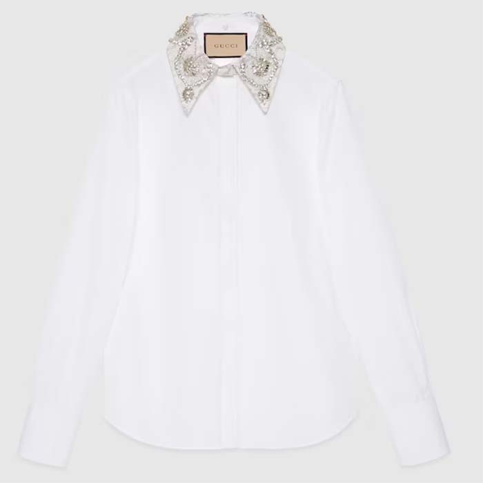 Gucci Men GG Cotton Poplin Shirt Embroidery Long Sleeves Concealed Placket