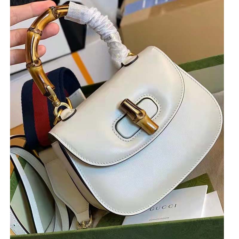 Gucci Women Gucci Bamboo 1947 Small Top Handle Bag White Leather Bamboo Hardware