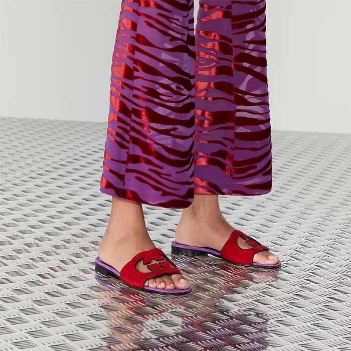 Gucci Unisex Interlocking G Cut-Out Slide Sandal Red Purple Suede Flat