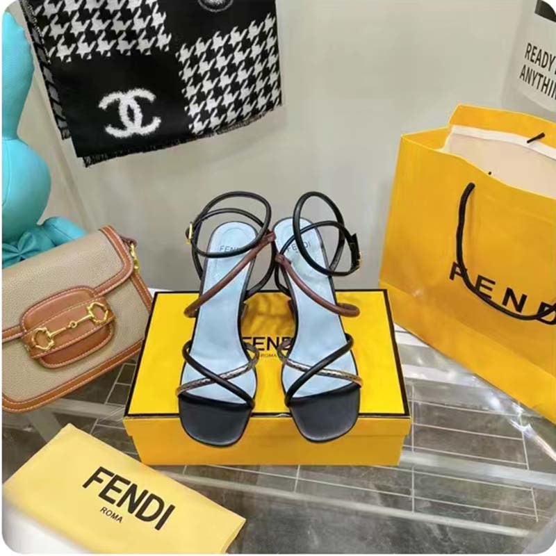 Fendi Women FF First Brown Nappa Leather High-Heeled Sandals 9.5 cm Heel