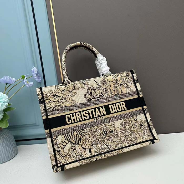 Dior Unisex CD Medium Book Tote Beige Multicolor Toile De Jouy Voyage Embroidery