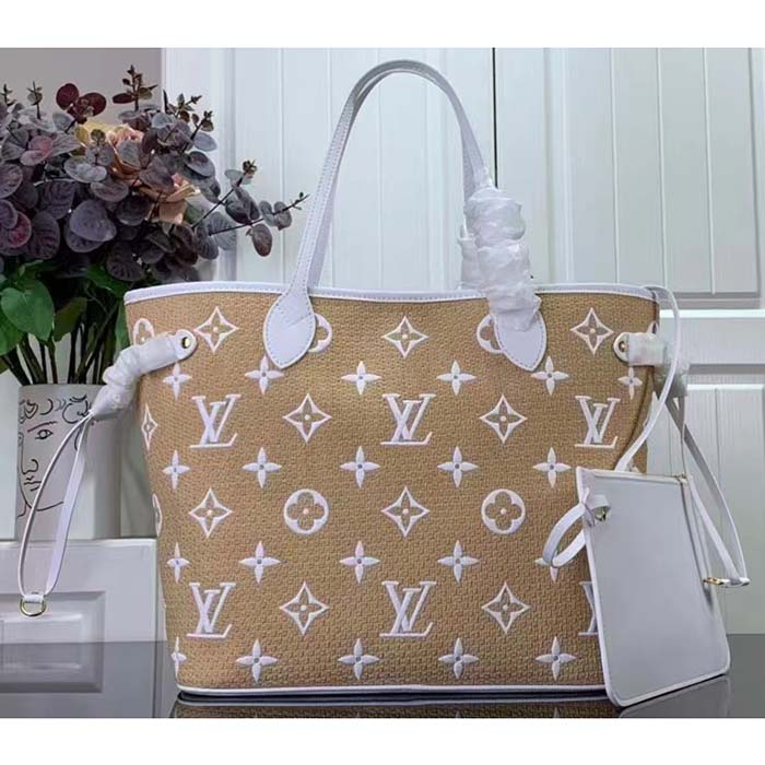 Louis Vuitton LV Unisex Neverfull MM Beige Lotus Cotton Cowhide Leather