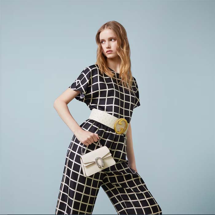 Gucci GG Women Dionysus Mini Top Handle Bag White Leather Crystal Hardware Tiger Head Closure