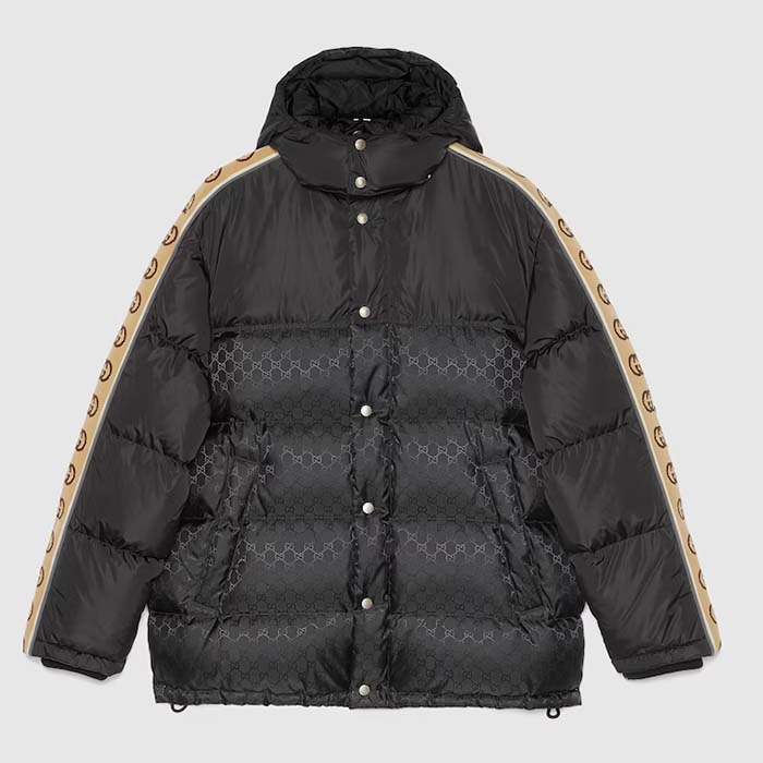 Gucci Women GG Jacquard Nylon Quilted Coat Down Goose Feather Black Knit Rib Nylon Lining