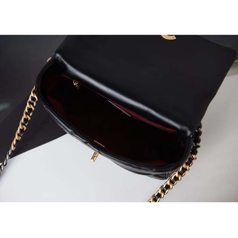 Chanel Women 19 Handbag Lambskin Gold Silver-Tone Ruthenium-Finish Metal Black