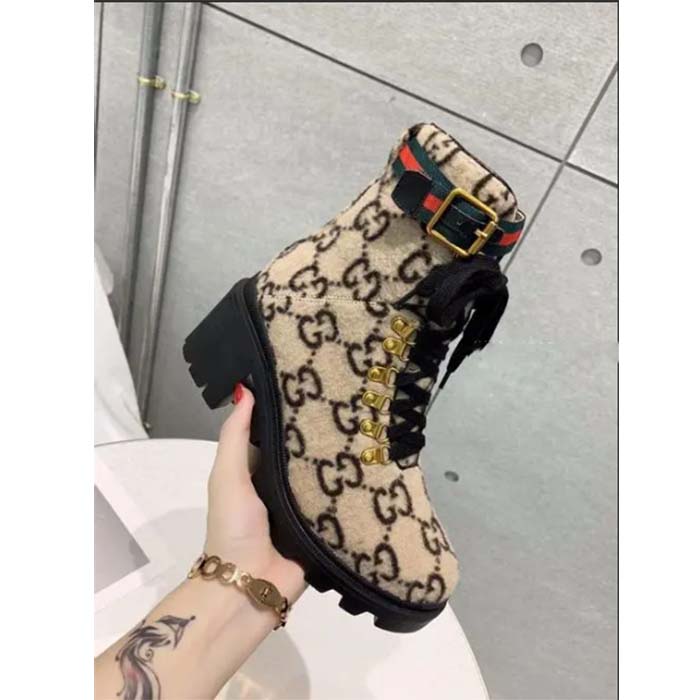 Gucci Women Gucci Zumi GG Wool Ankle Boot Beige Ebony GG Wool