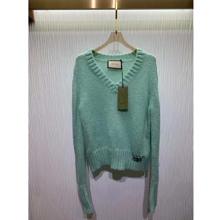 Gucci Women GG Wool Mohair Sweater Crystal G Blue V-Neck Dropped Shoulder Long Sleeves