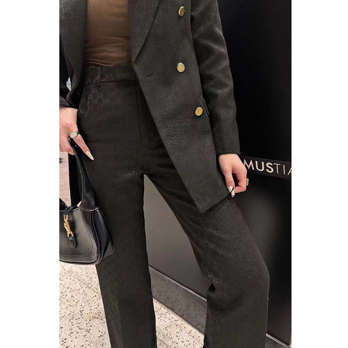 Gucci Women GG Wool Jacquard Pant Black Fitted Waistband Four Pleats Wide Leg