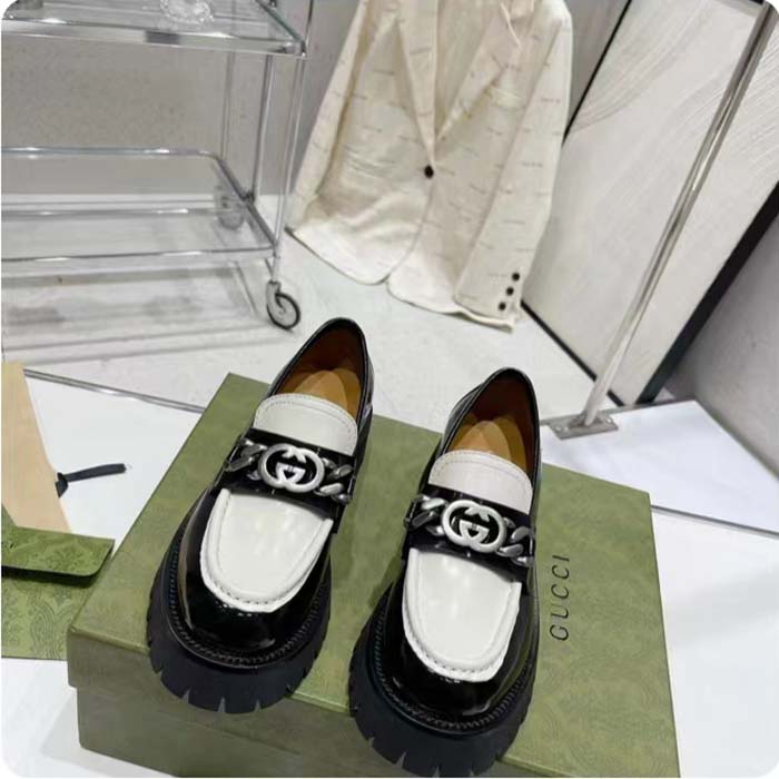 Gucci Women GG Interlocking G Chain Loafer Black White Leather Lug Rubber Sole Flat