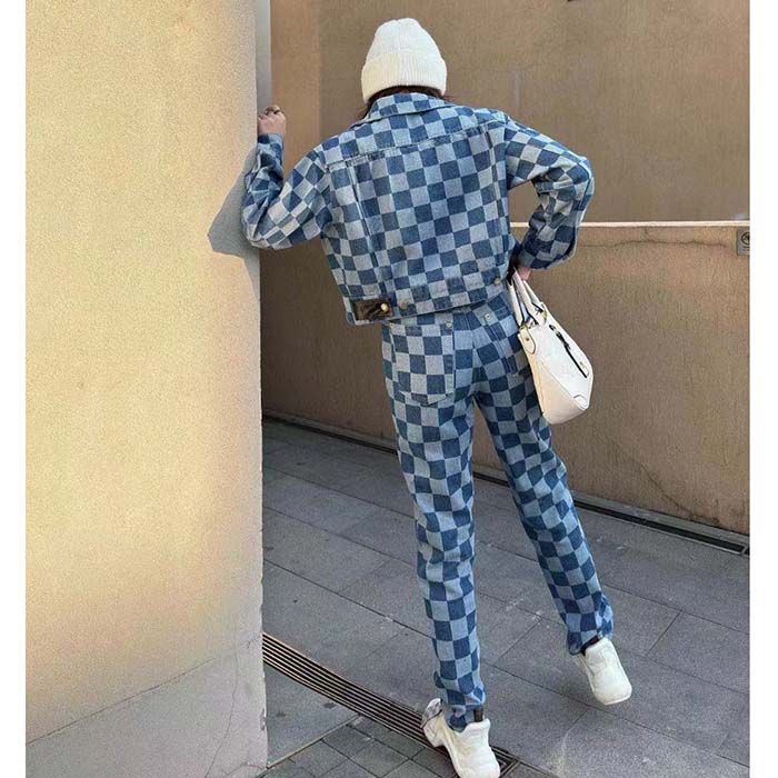 Louis Vuitton Women LV Damier Jeans Skirt Cotton Blue Regular Fit 1AFGNR