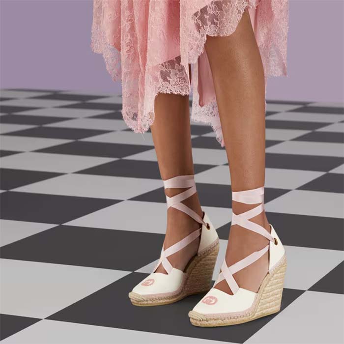 Gucci Women Espadrille Ribbon Tie Interlocking G Embroidery White Cotton Canvas Peep Toe