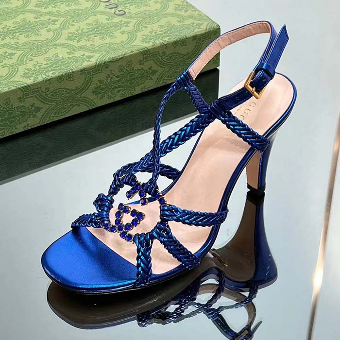 Gucci Women Crystal Interlocking G Sandal Blue Metallic Braided Leather High Heel