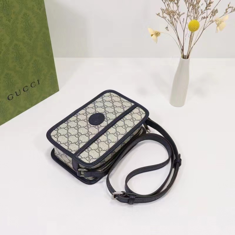 Gucci Unisex GG Shoulder Bag Beige Blue GG Supreme Canvas Leather