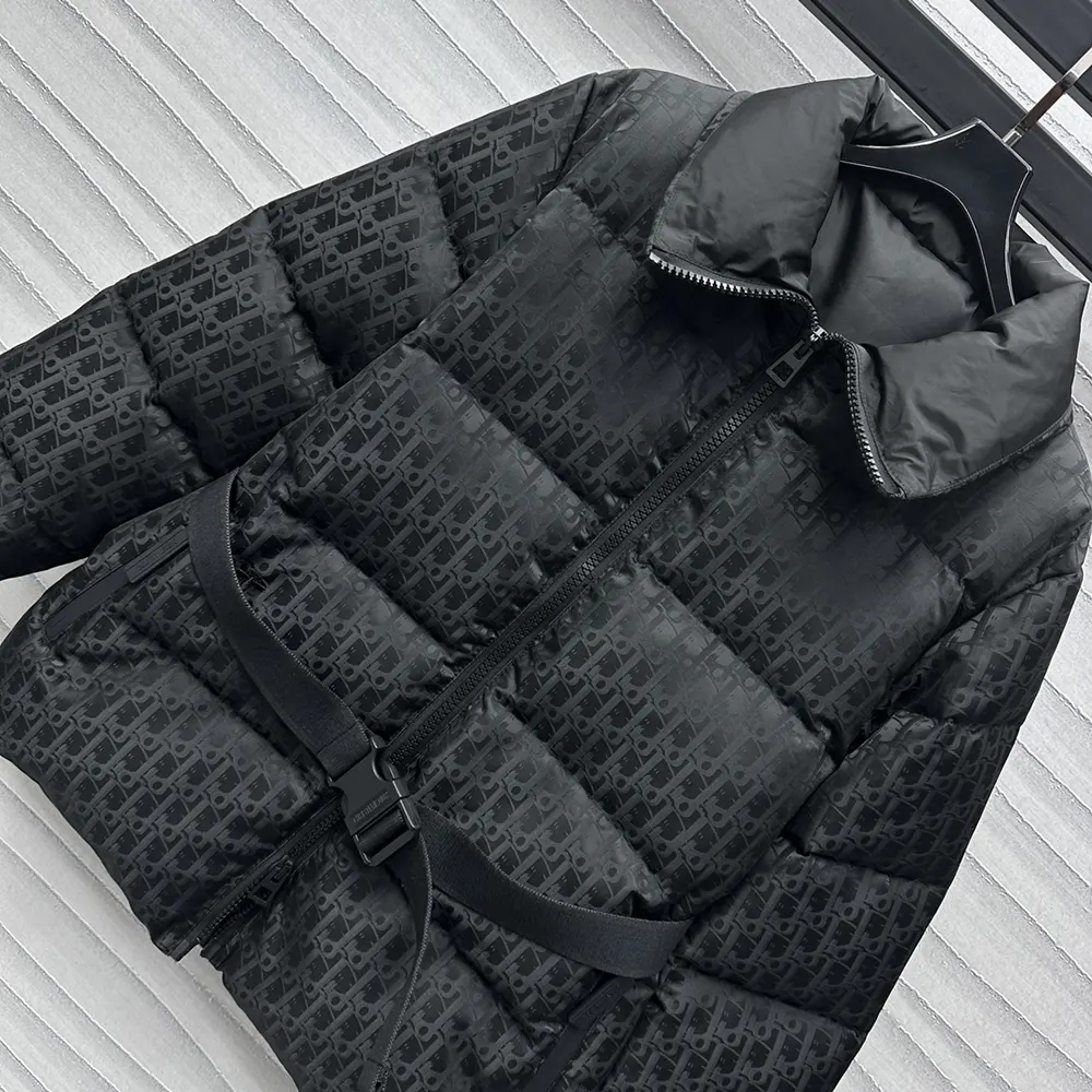 Dior Men DiorAlps Belted Puffer Jacket Black Quilted Technical Taffeta Jacquard