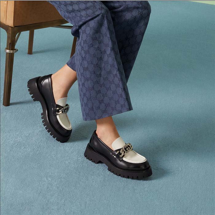 Gucci Women GG Interlocking G Chain Loafer Black White Leather Lug Rubber Sole Flat