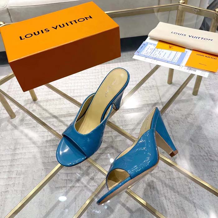 Louis Vuitton LV Women Super Mule Azure Blue Monogram-Debossed Patent Calf Leather 10 CM Heel