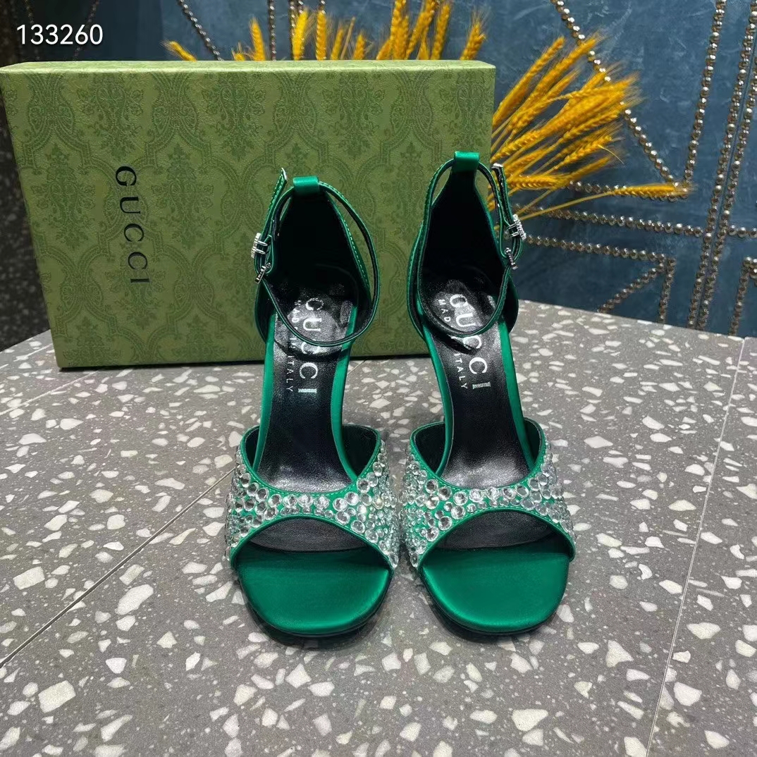 Gucci Women GG Mid-Heel Sandals Crystals Emerald Green Satin 11 CM Heel Double G