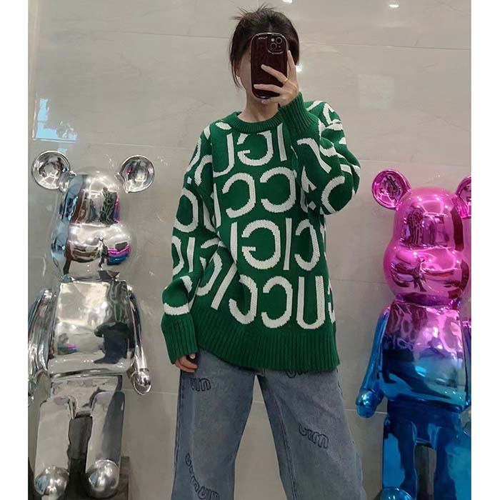 Gucci Women GG Wool Sweater Gucci Intarsia Green Crewneck Dropped Shoulder