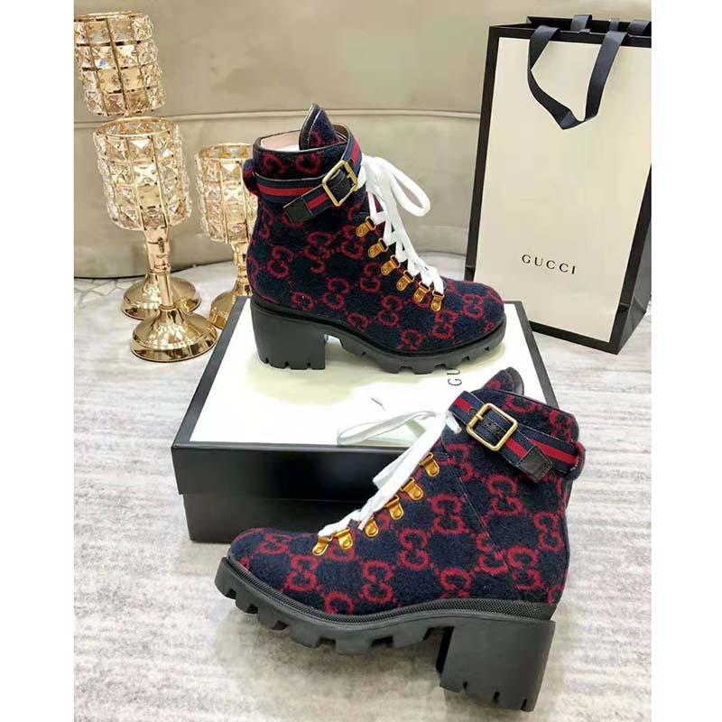 Gucci Women Gucci Zumi GG Wool Ankle Boot in Blue and Red GG Wool