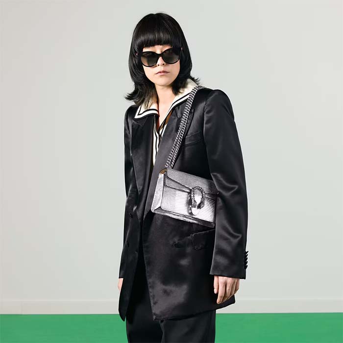 Gucci Women Dionysus Small Shoulder Bag Silver Lamé Leather Tiger Head