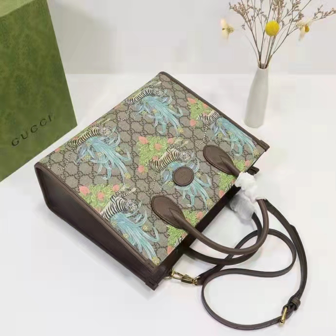 Gucci Unisex Tiger GG Small Tote Bag Blue Beige Ebony GG Supreme Canvas