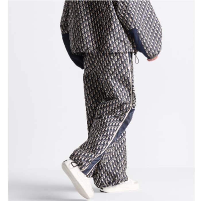 Dior CD Men Flared Pants Blue Ecru Technical Taffeta Jacquard Dior Oblique