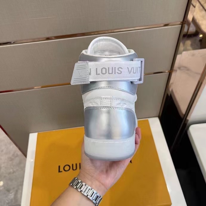 Louis Vuitton LV Unisex Rivoli Sneaker Boot Silver White Calf Leather Monogram Canvas