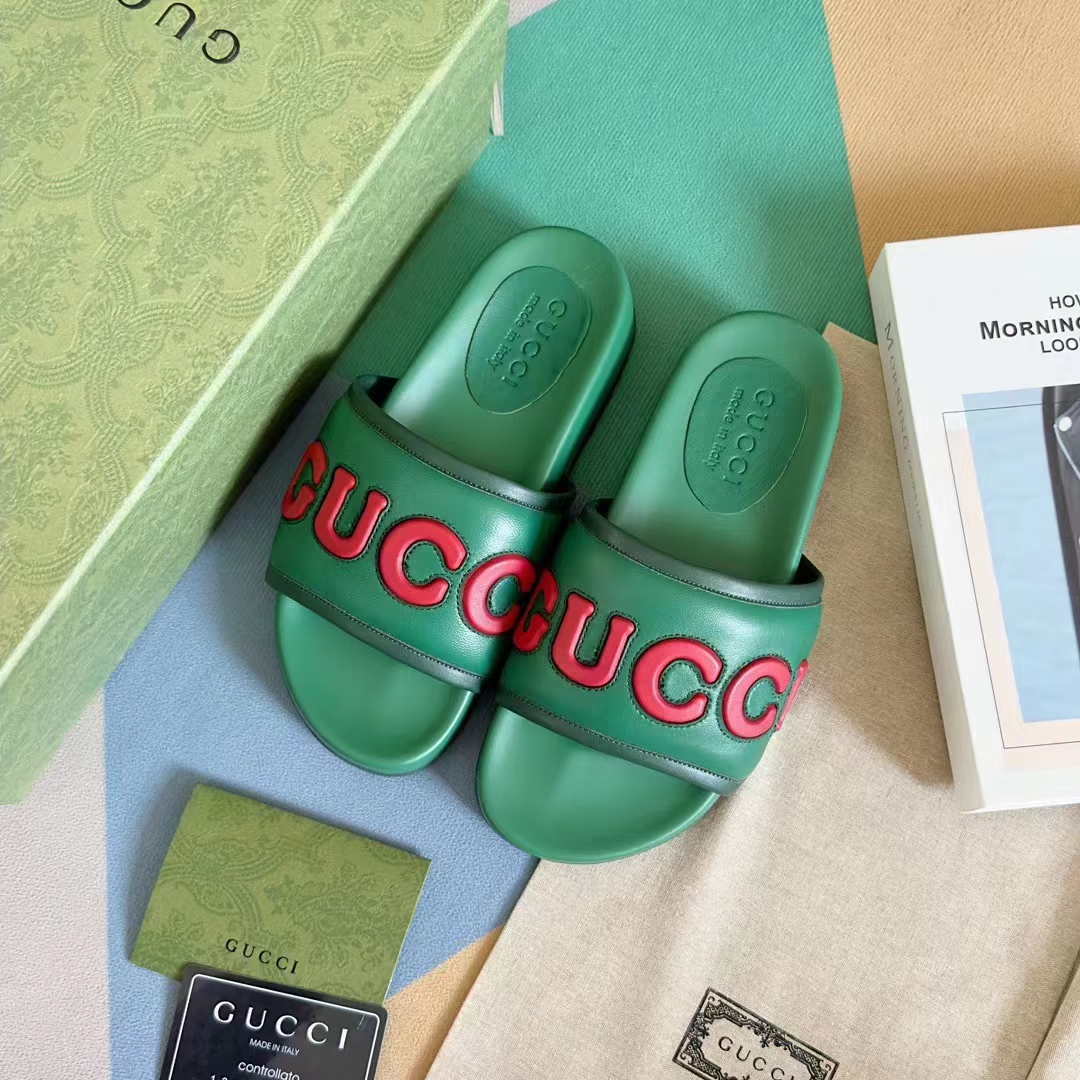 Gucci Unisex GG Slide Sandal Green Red Leather Script Rubber Flat 1 CM Heel