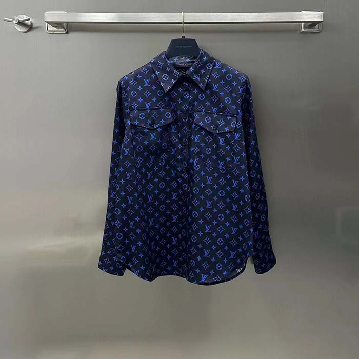 Louis Vuitton LV Men LV Monogram Silk Pleated Shirt Silk Navy