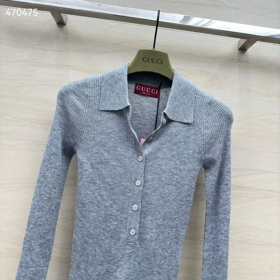 Gucci Women GG Extra Fine Rib Cashmere Knit Top Grey Silk Polo Neck