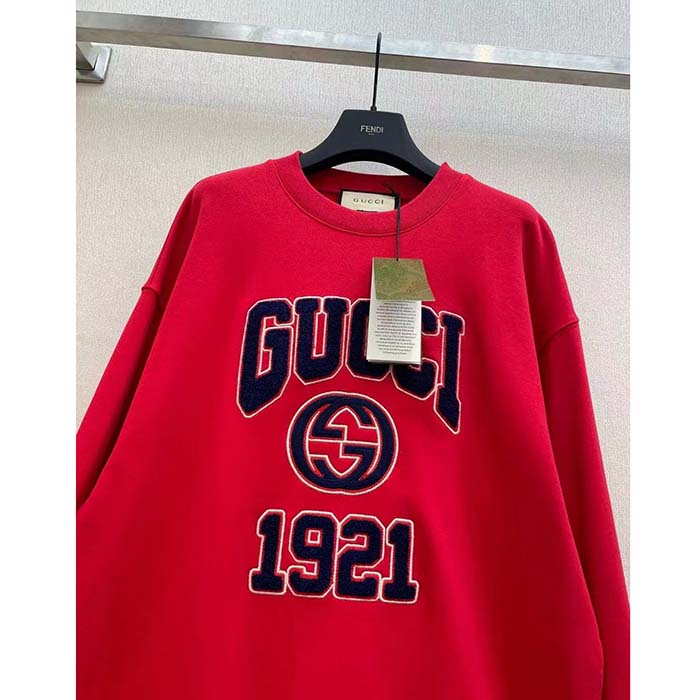 Gucci Women GG Cotton Jersey Sweatshirt 1921 Embroidery Red Crewneck Dropped Shoulder Style ‎768530 XJF3O 6429