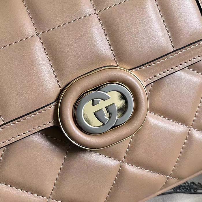 Gucci Women GG Deco Mini Shoulder Bag Rose Beige Quilted Leather Interlocking G