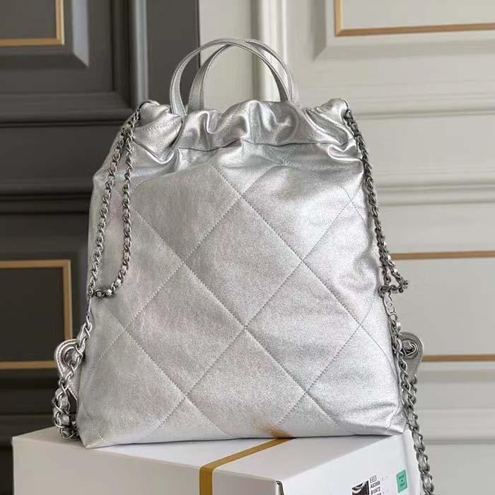 Chanel Women CC Large Back Pack Chanel 22 Handbag Metallic Calfskin Silver-Tone Metal
