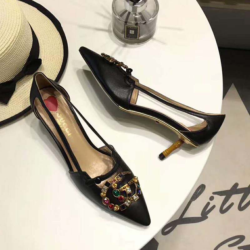 Gucci Women Shoes Metallic Leather Pump with Crystal Double G 50mm Heel-Black