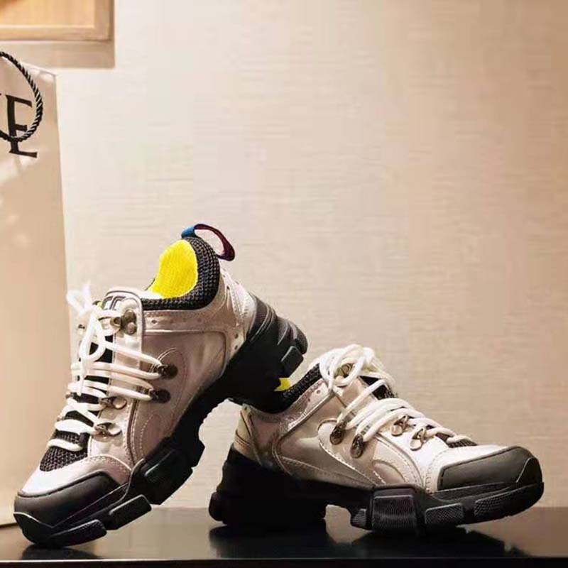 Gucci Unisex Flashtrek Sneaker with Crystals in Silver Metallic Leather 5.6 cm Heel