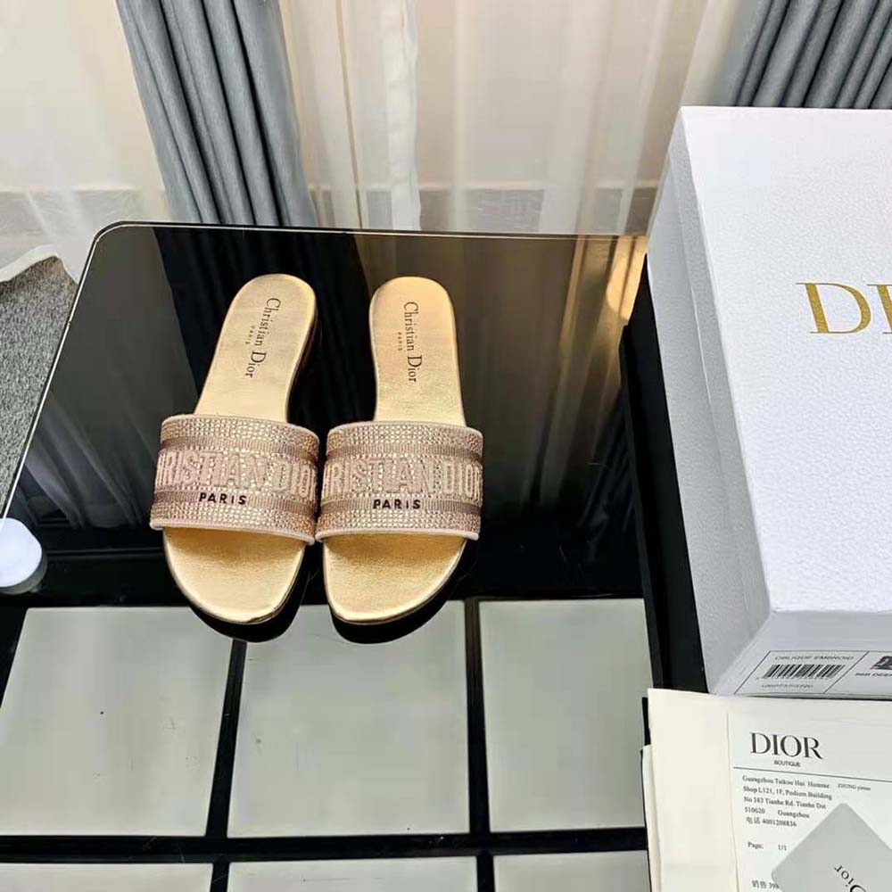Dior Women Dway Slide Gold-Tone Cotton Embroidered with Metallic Thread and Strass