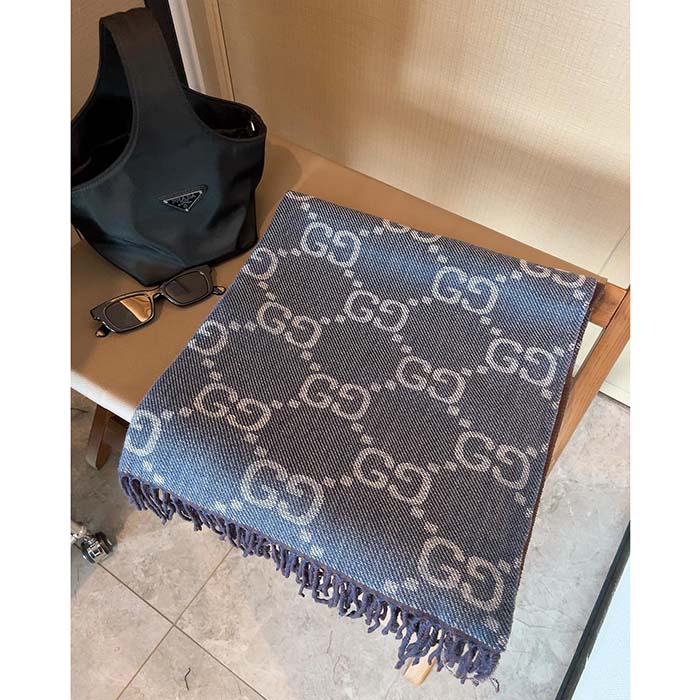 Gucci Unisex GG Cashmere Jacquard Scarf Blue Beige GG Cashmere Jacquard
