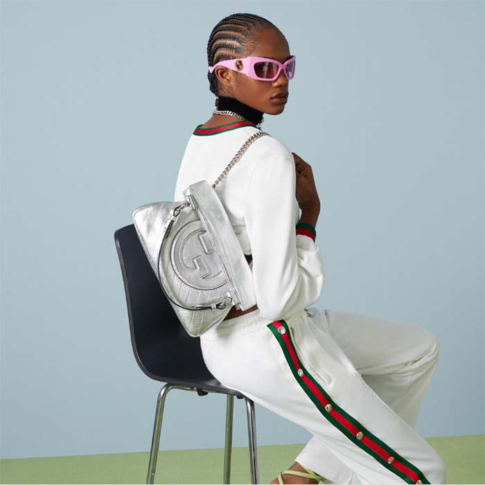 Gucci Women GG Blondie Small Tote Bag Silver Lamé Leather Round Interlocking G