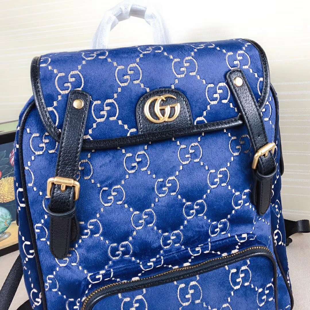 Gucci GG Unisex Small GG Velvet Backpack Blue Beige GG Velvet