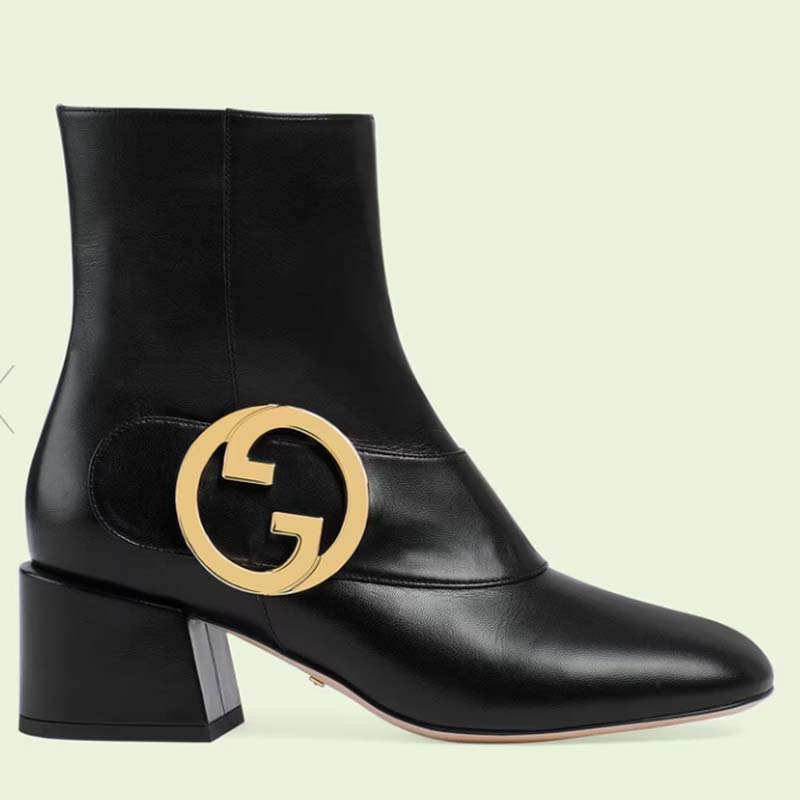 Gucci GG Blondie Women’s Ankle Boot Black Leather Mid 5 Cm Heel